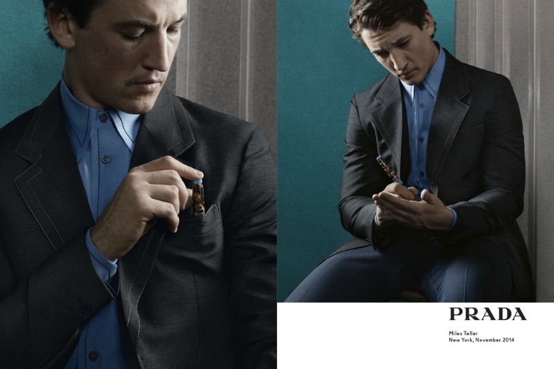 Miles Teller in the Prada men's spring 2015 ad campaign.