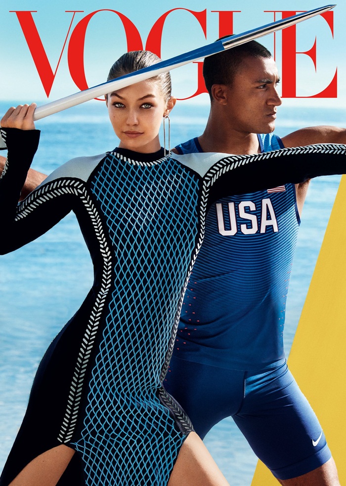 Gigi Hadid in the cover of Vogue with Olympic decathlete Ashton Eaton