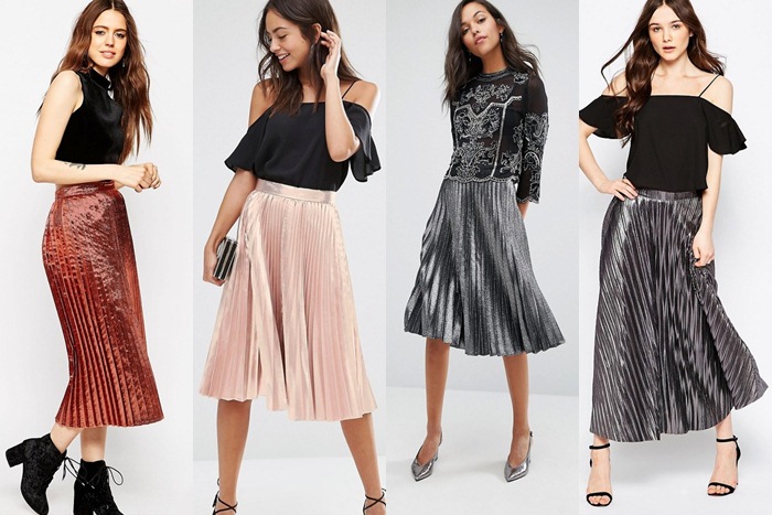 The metallic pleated skirt trend