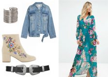 look of the day boho inspired floral dress and denim jacket